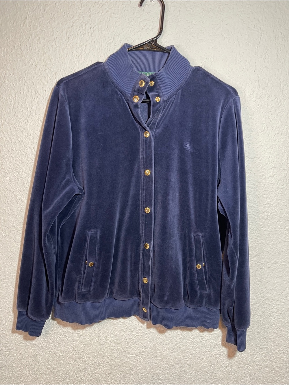 Ralph Lauren Blue Navy Velour Bomber Jacket with Gold-Tone Snaps 1X